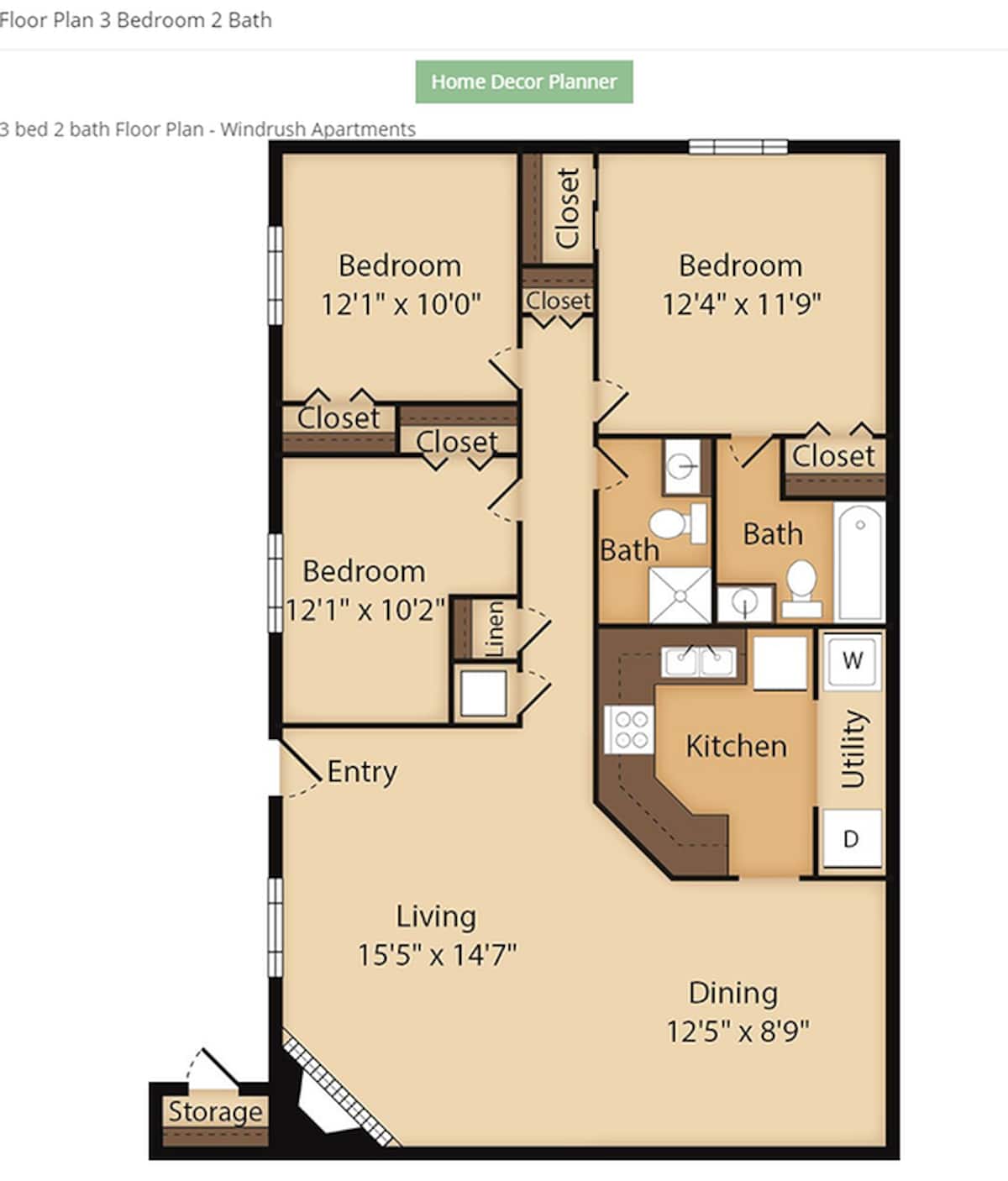 Floorplan diagram for Three Bedroom, showing 3 bedroom