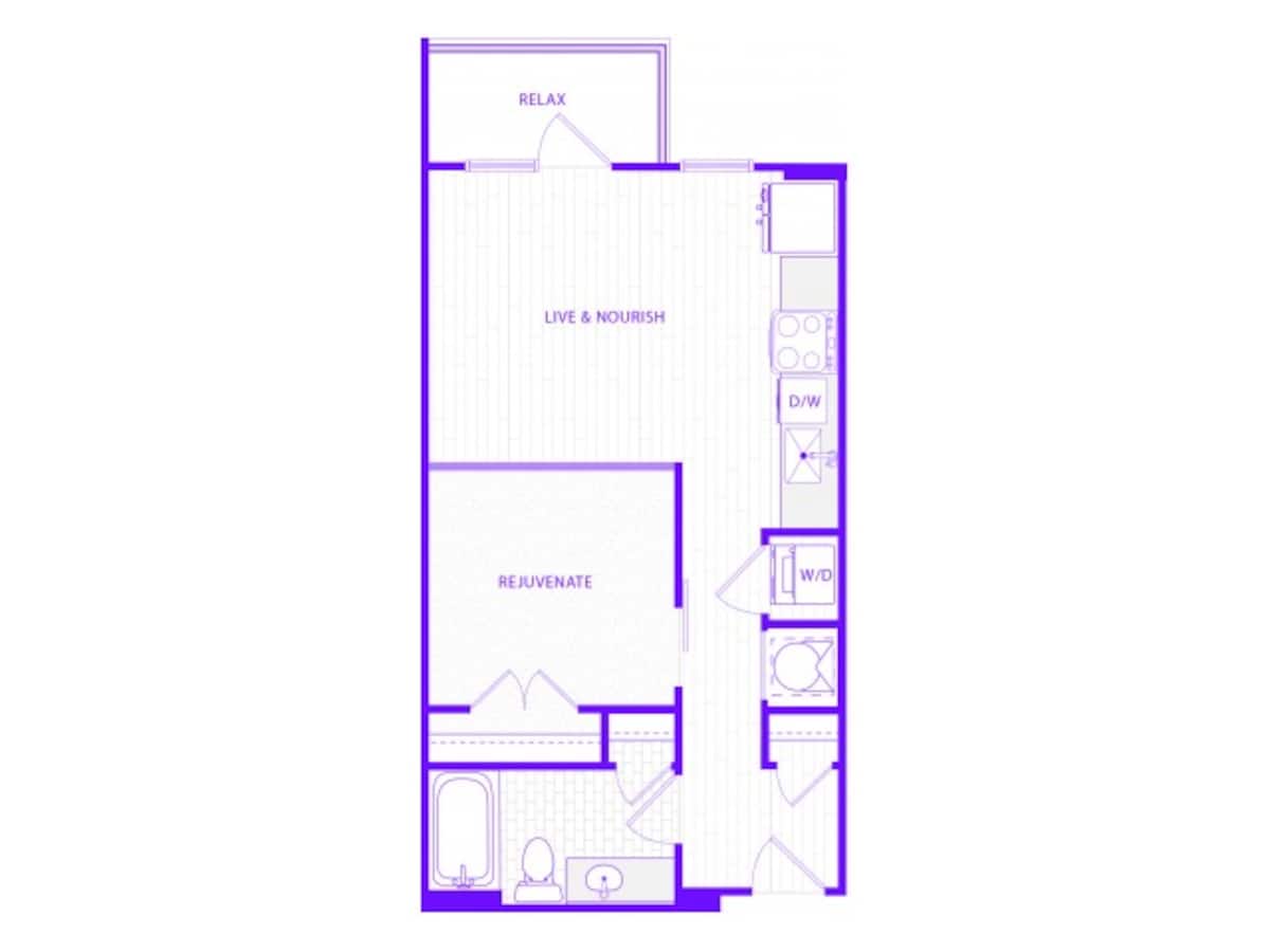 Floorplan diagram for Studio One Bath (623 SF), showing Studio