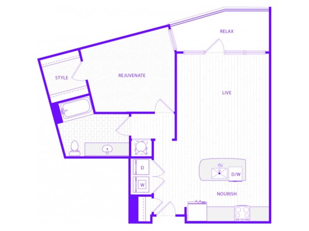 Floorplan diagram for One Bedroom One Bath (959 SF), showing 1 bedroom