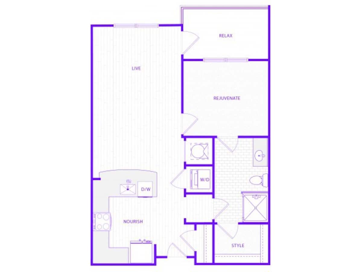 Floorplan diagram for One Bedroom One Bath (784 SF), showing 1 bedroom