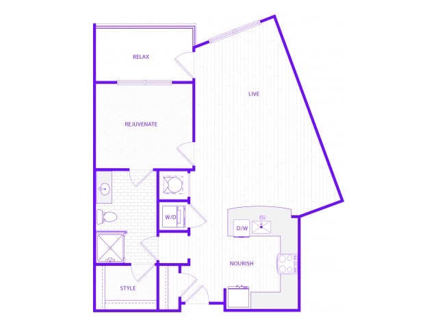 Floorplan diagram for One Bedroom One Bath (857 SF), showing 1 bedroom