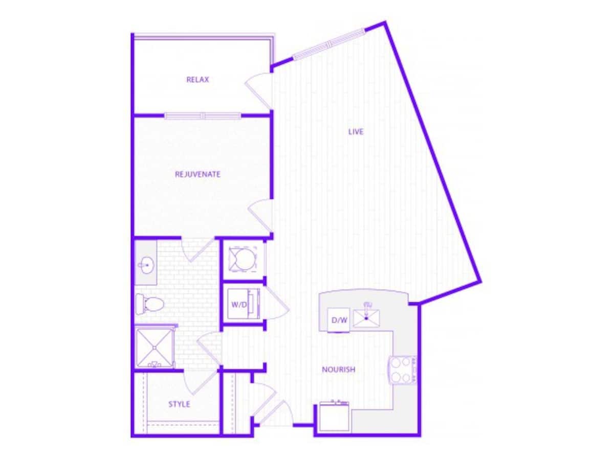Floorplan diagram for One Bedroom One Bath (857 SF), showing 1 bedroom