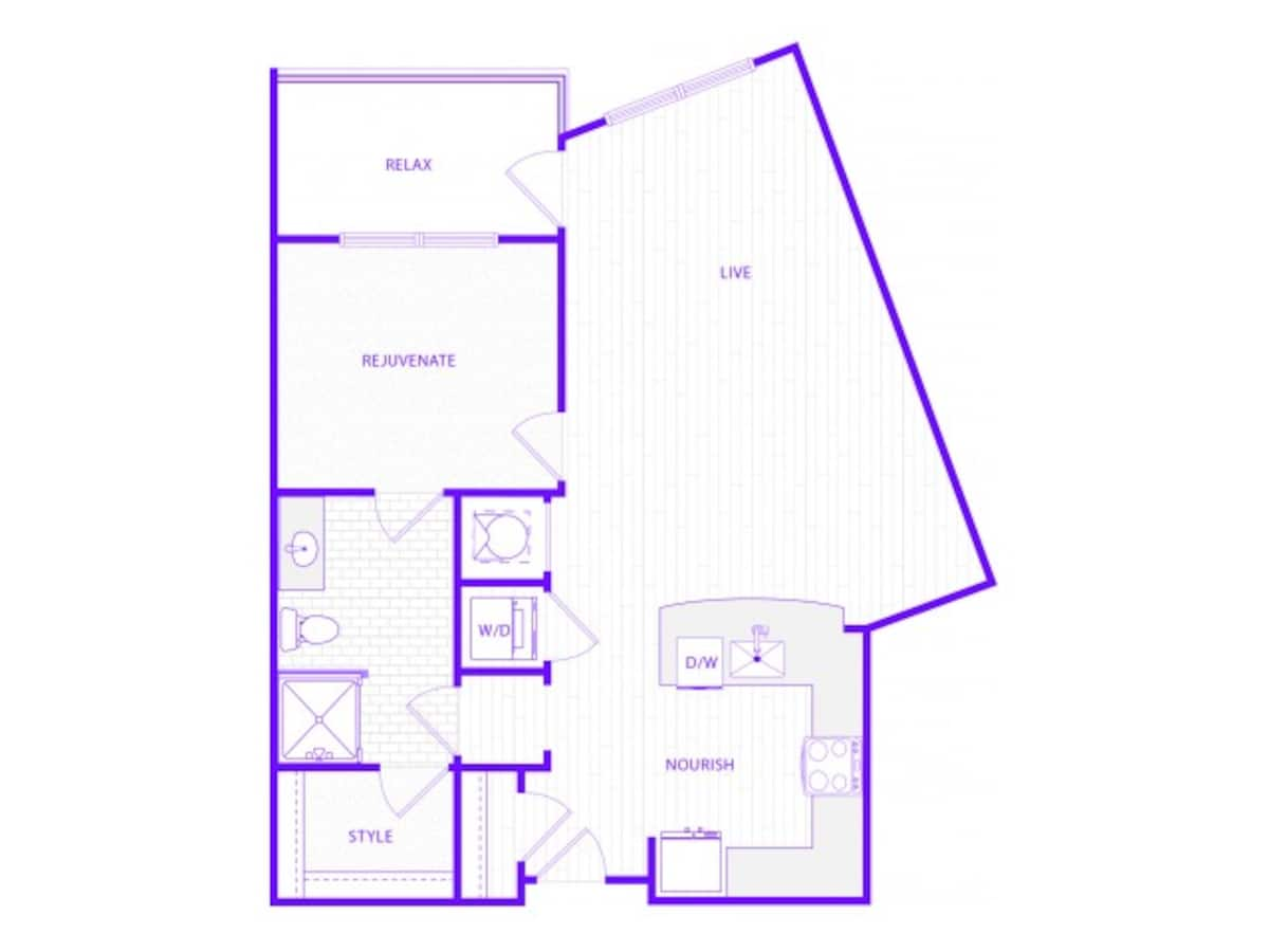 Floorplan diagram for One Bedroom One Bath (857 SF), showing 1 bedroom