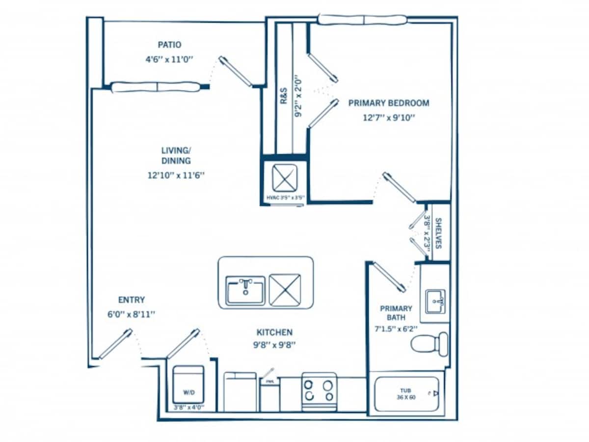 Floorplan diagram for E2, showing 1 bedroom