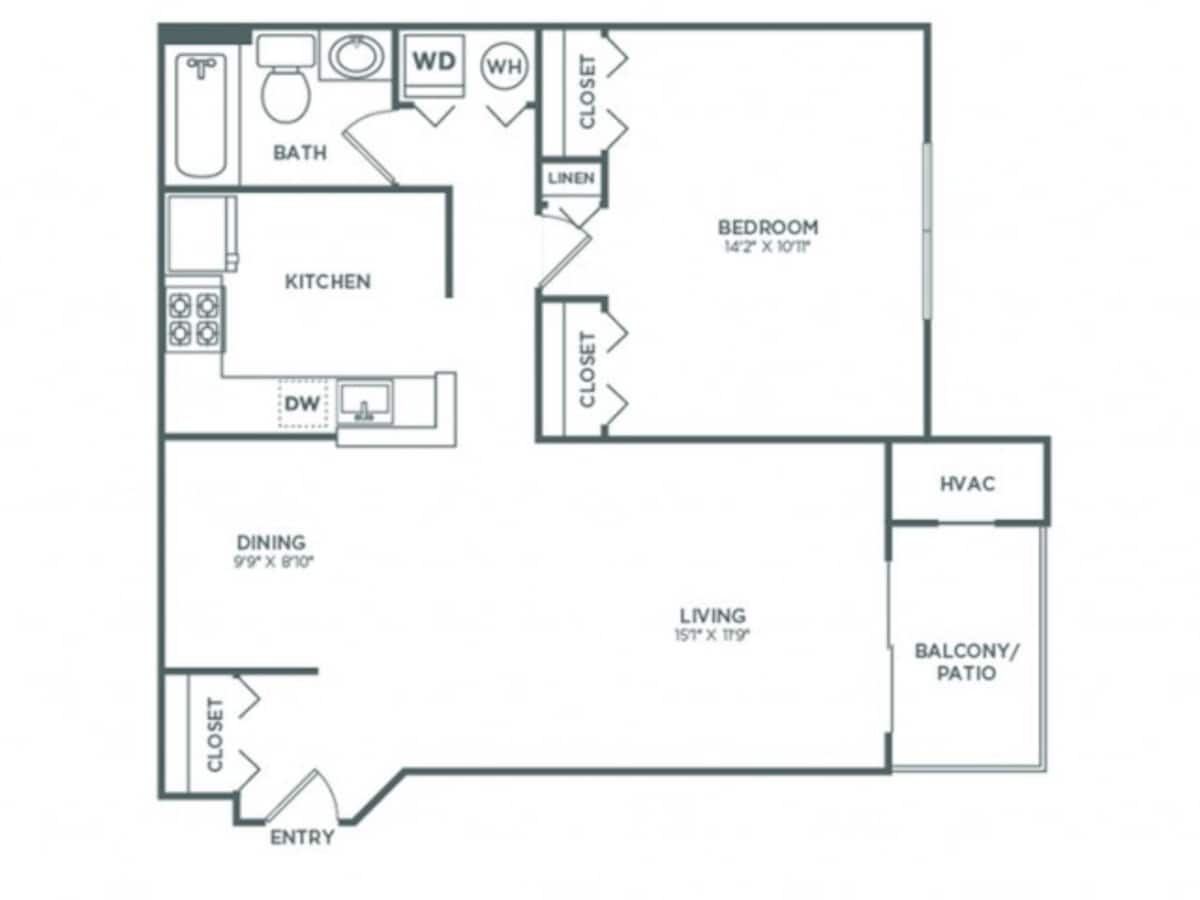 Floorplan diagram for One Bedroom One Bath (706 SF), showing 1 bedroom