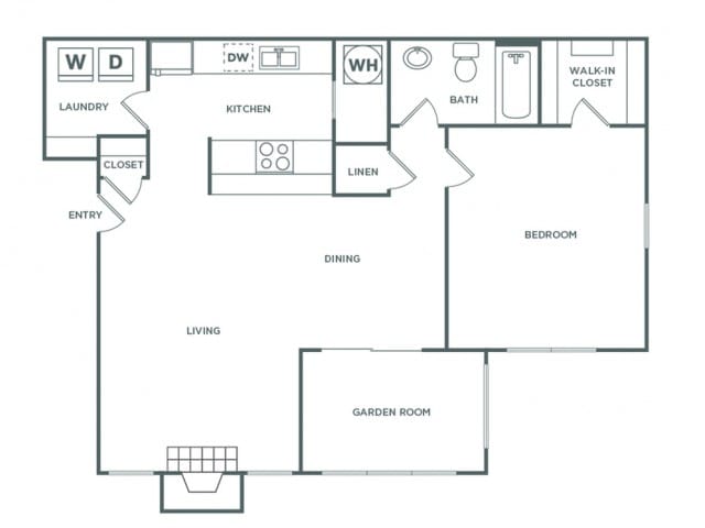 Plano de One Bedroom One Bath (840 SF), que muestra 1 habitación