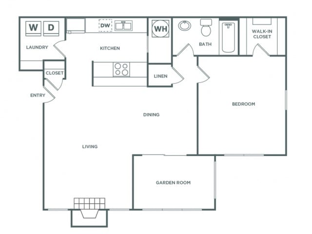 Plano de One Bedroom One Bath (910 SF), que muestra 1 habitación