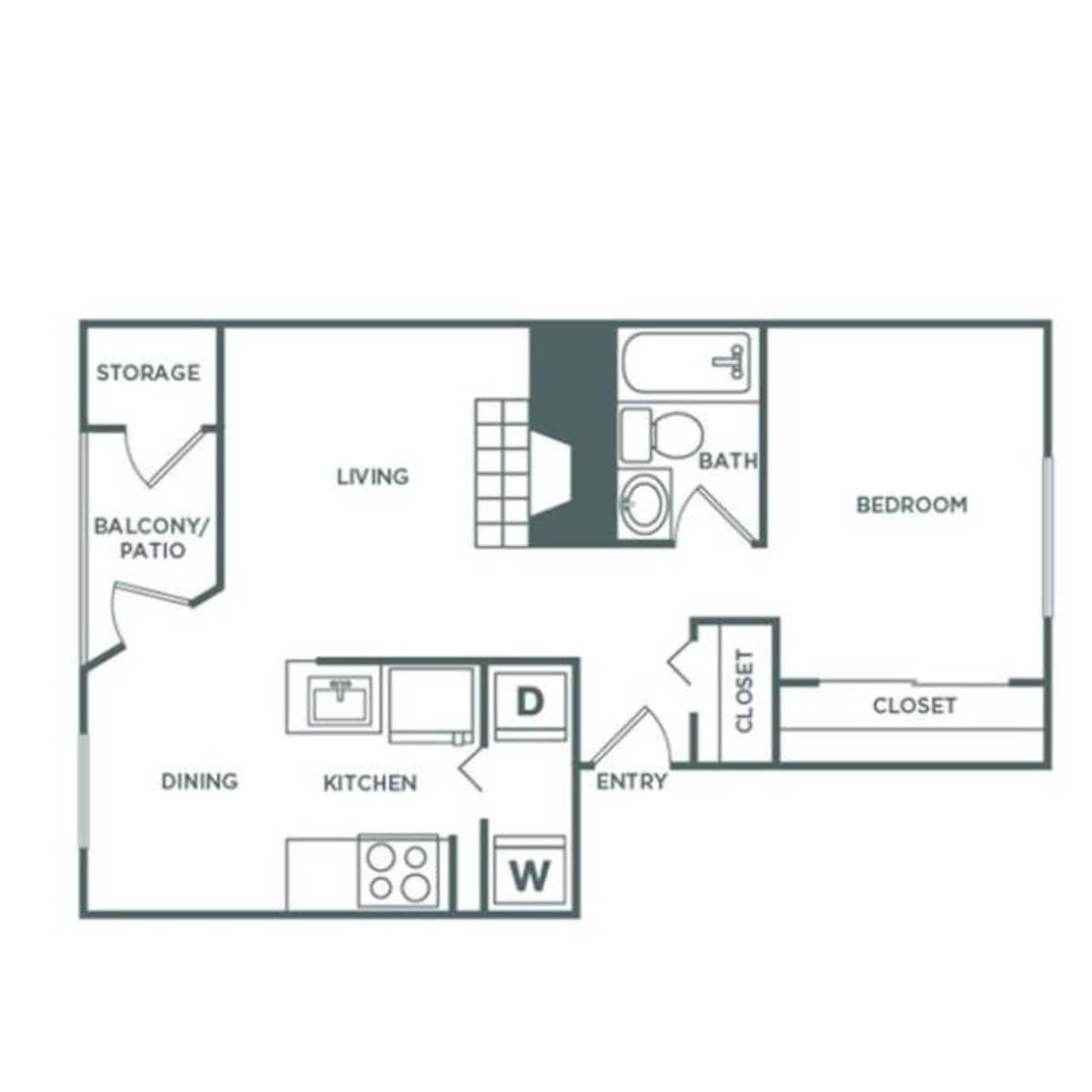 Floorplan diagram for 1 Bed, 1 Bath, showing 1 bedroom