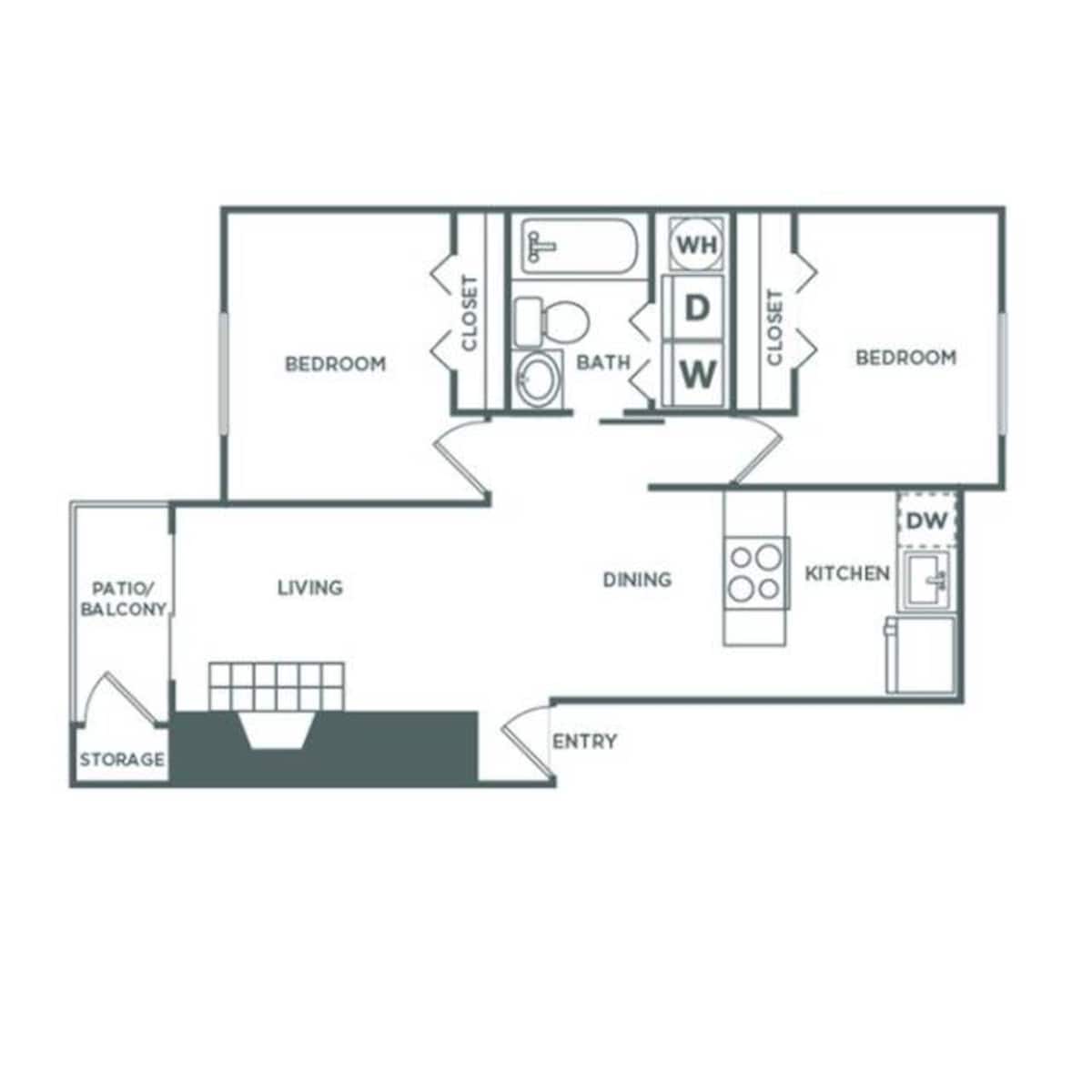 Floorplan diagram for 2 Bed, 1 Bath Renovated, showing 2 bedroom