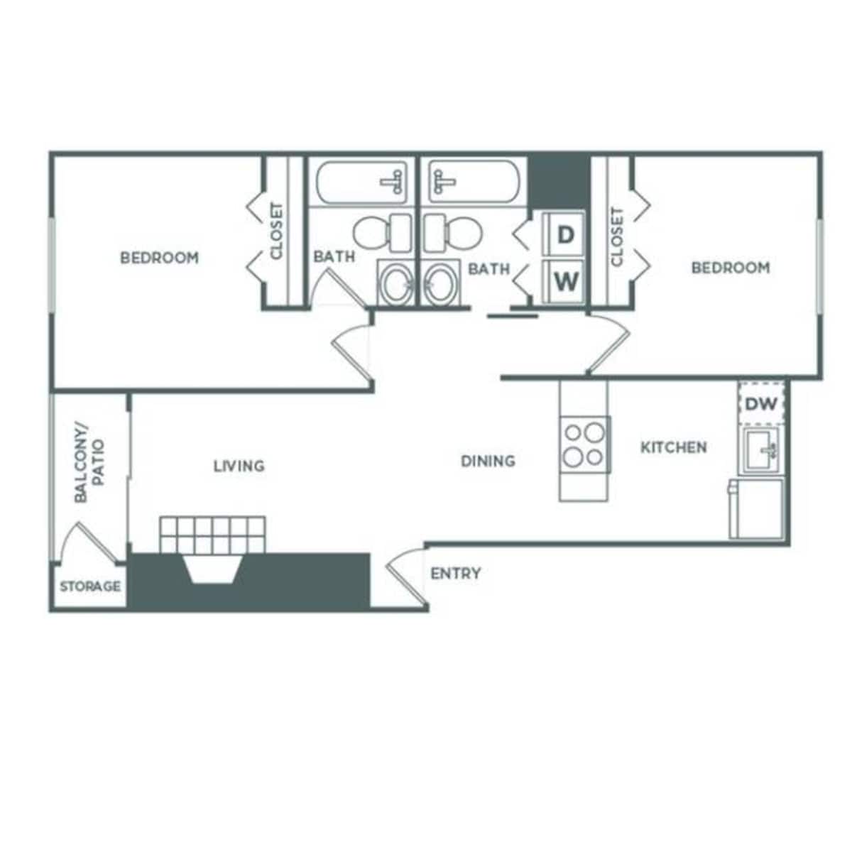 Floorplan diagram for 2 Bed, 2 Bath Renovated, showing 2 bedroom