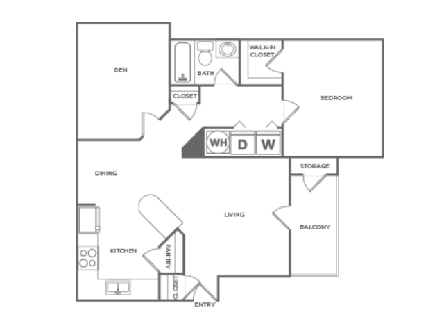 Diagrama del plano para One Bedroom One Bath (880 SF), que muestra 1 recámara