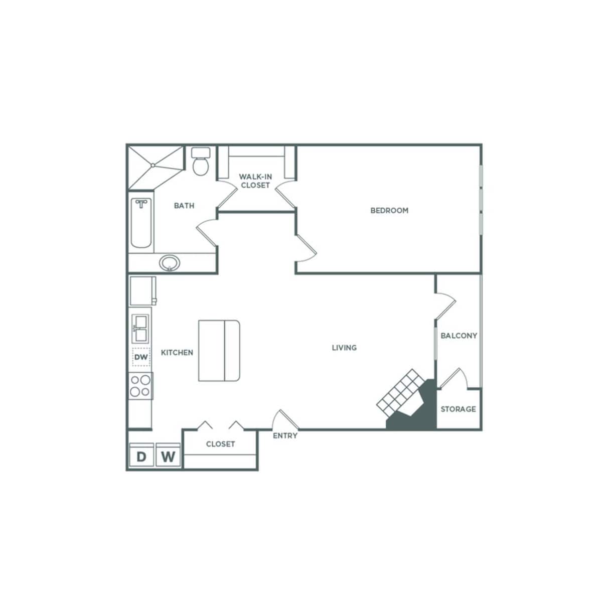 Floorplan diagram for One Bedroom One Bath (700 SF), showing 1 bedroom