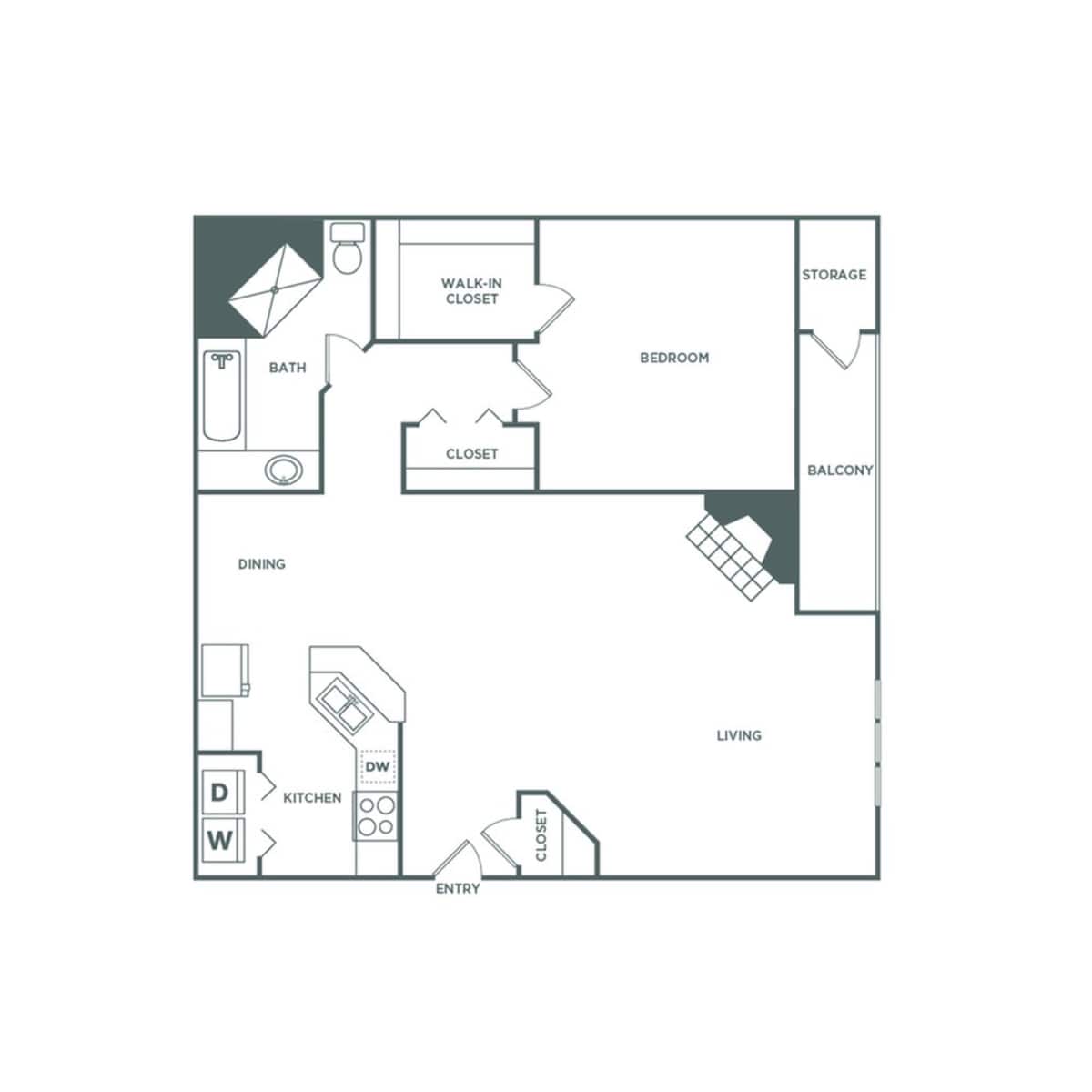 Floorplan diagram for One Bedroom One Bath (900 SF), showing 1 bedroom