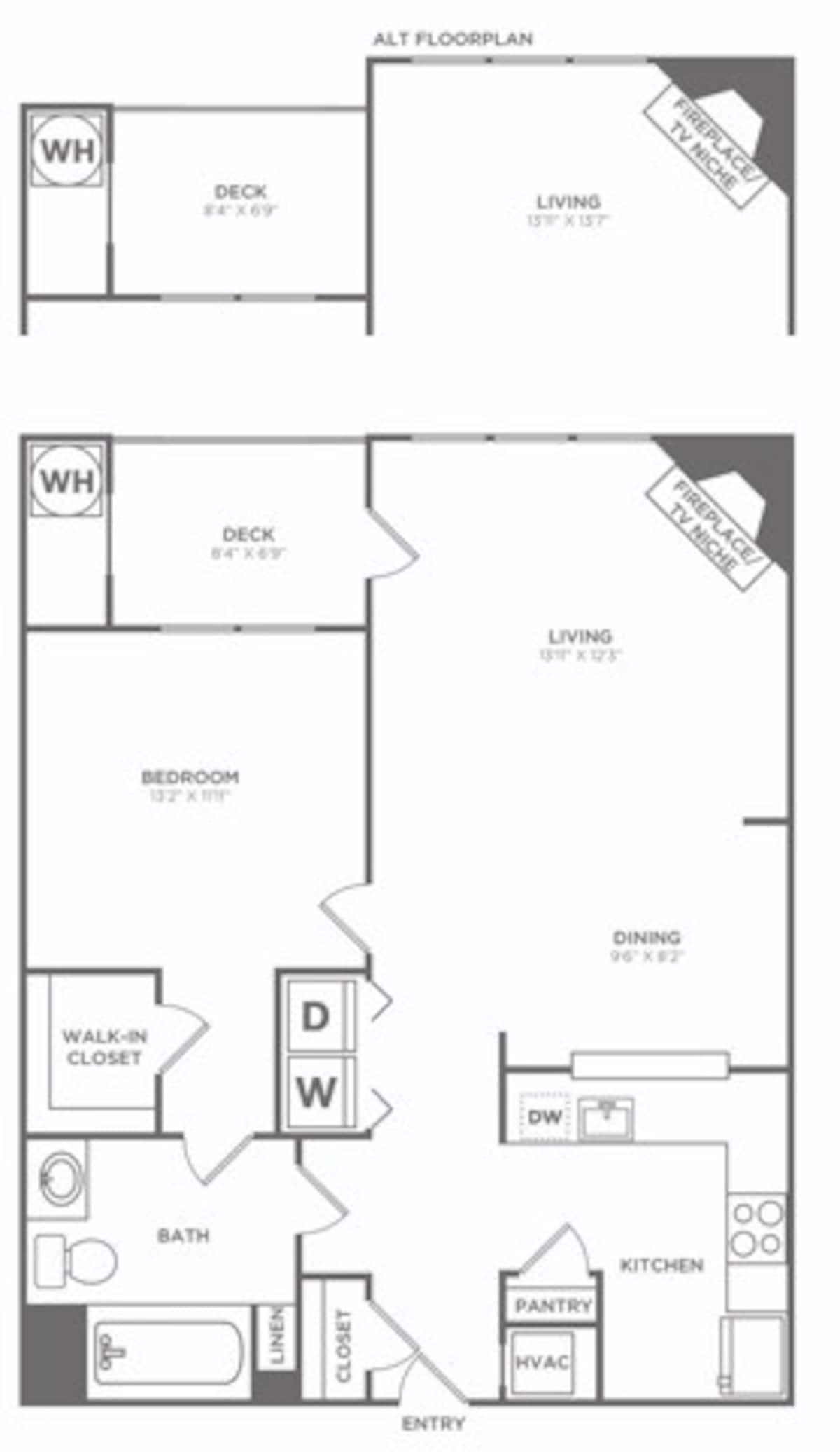 Floorplan diagram for One Bedroom One Bath (755 SF), showing 1 bedroom