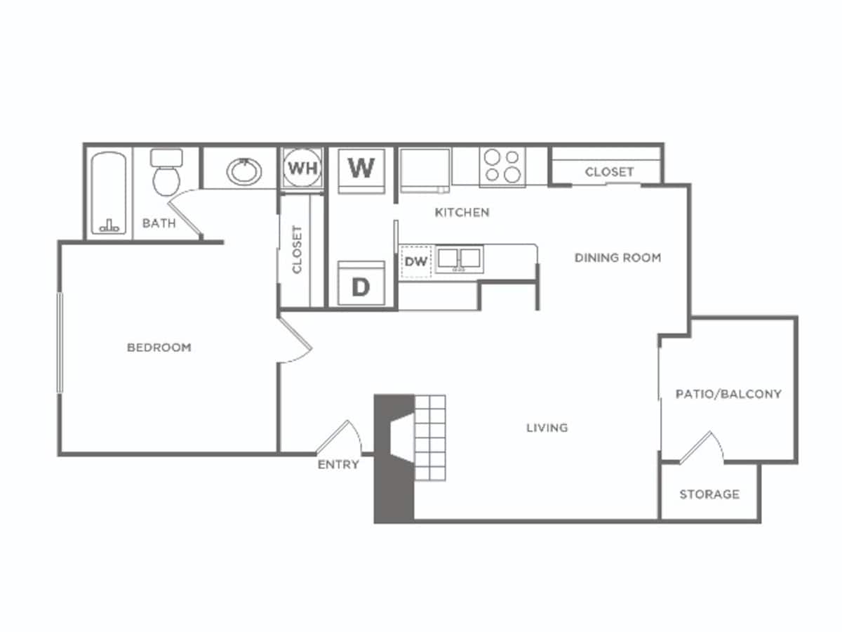 Floorplan diagram for One Bedroom (662 SF), showing 1 bedroom