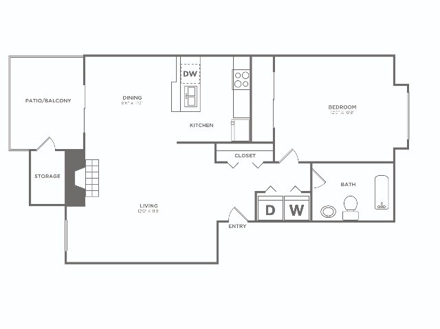 Floorplan diagram for One Bedroom (660 SF), showing 1 bedroom