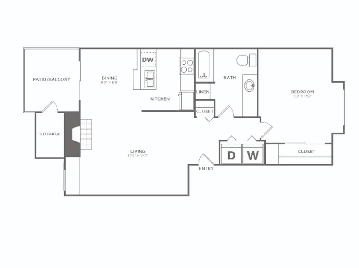 Floorplan diagram for One Bedroom (698 SF), showing 1 bedroom