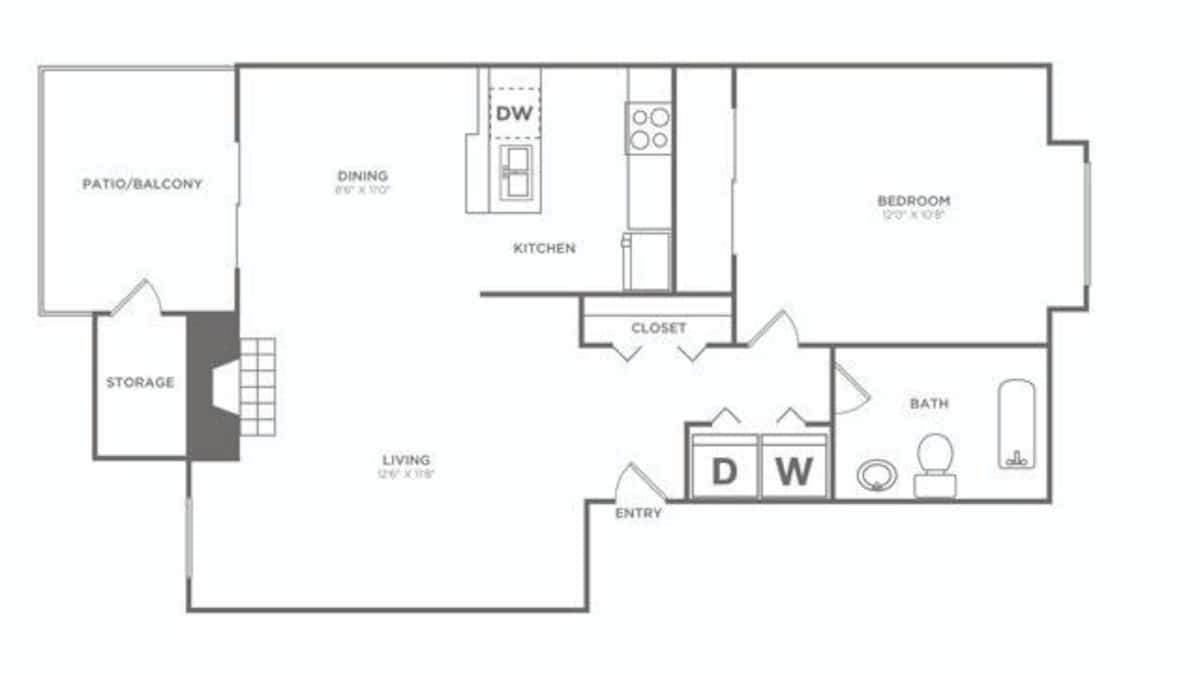 Floorplan diagram for One Bedroom (660 SF) Renovated, showing 1 bedroom