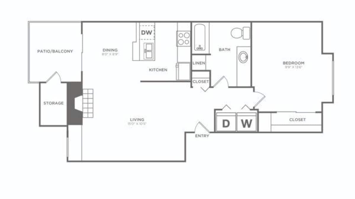 Floorplan diagram for One Bedroom (698 SF) Renovated, showing 1 bedroom