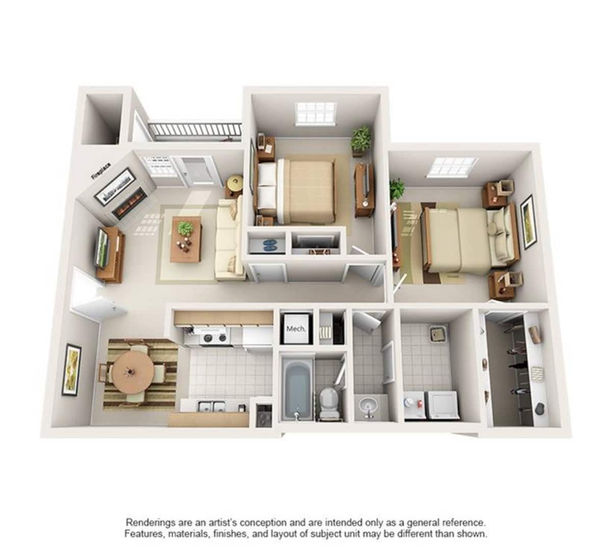 Floorplan diagram for B, showing 2 bedroom