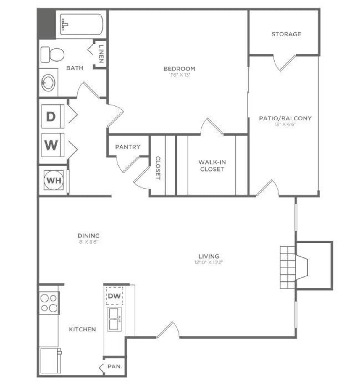 Floorplan diagram for One Bedroom One Bath (850 SF), showing 1 bedroom