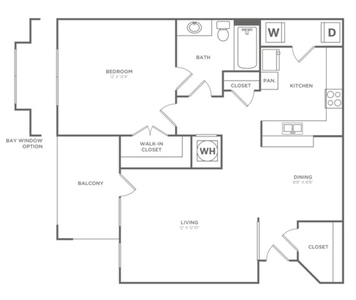 Floorplan diagram for Ascot with Bay (773 SF), showing 1 bedroom