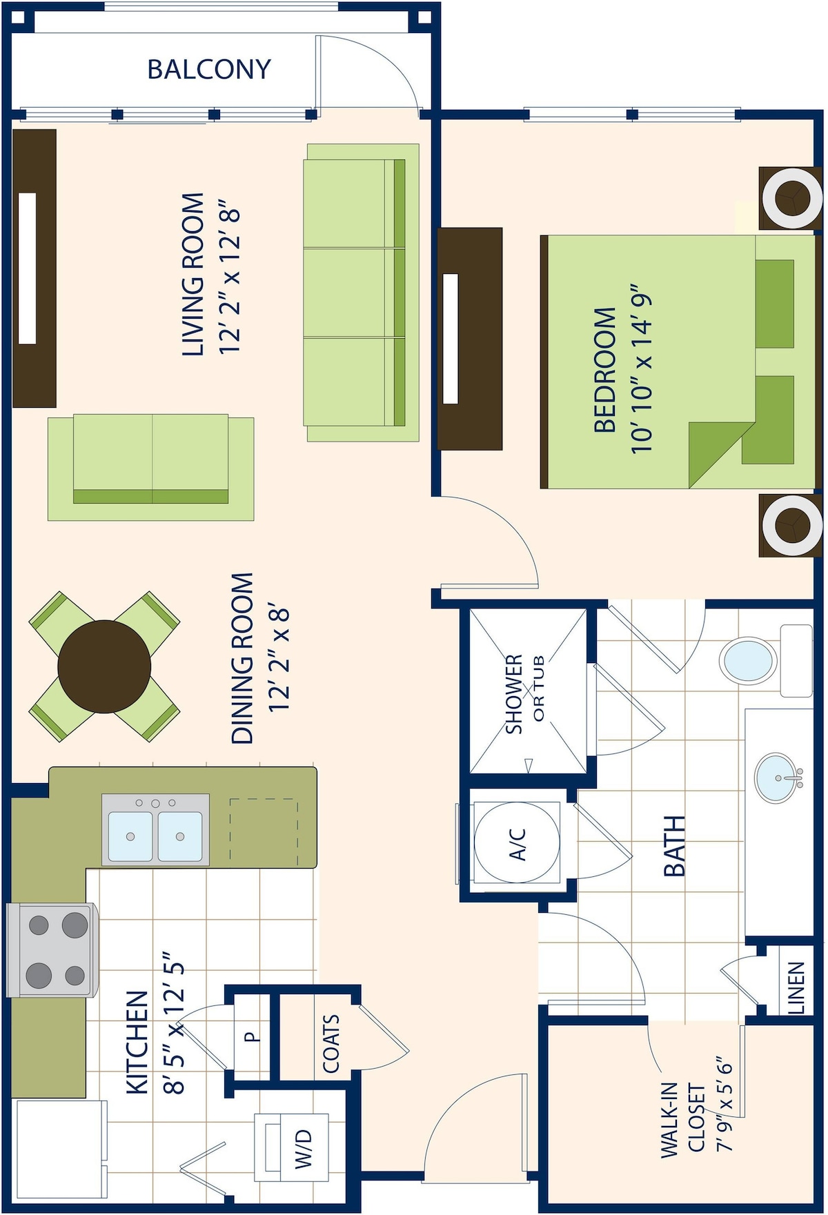 One Bedroom One Bath (811 SF) 평면도, 침실 1개 표시 중