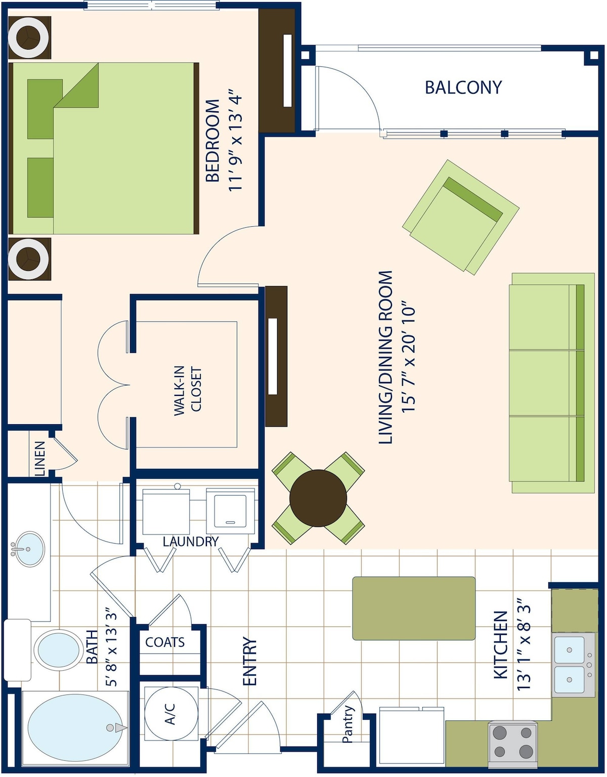 One Bedroom One Bath (924 SF) 평면도, 침실 1개 표시 중