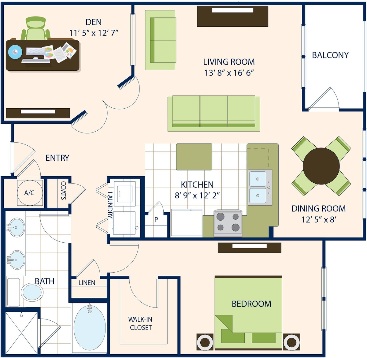 Plànol corresponent a One Bedroom One Bath with Den (1146 SF), que mostra Dormitoris: 1