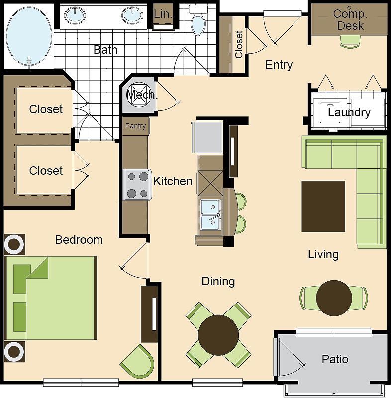 Plànol corresponent a One Bedroom One Bath (902 SF), que mostra Dormitoris: 1