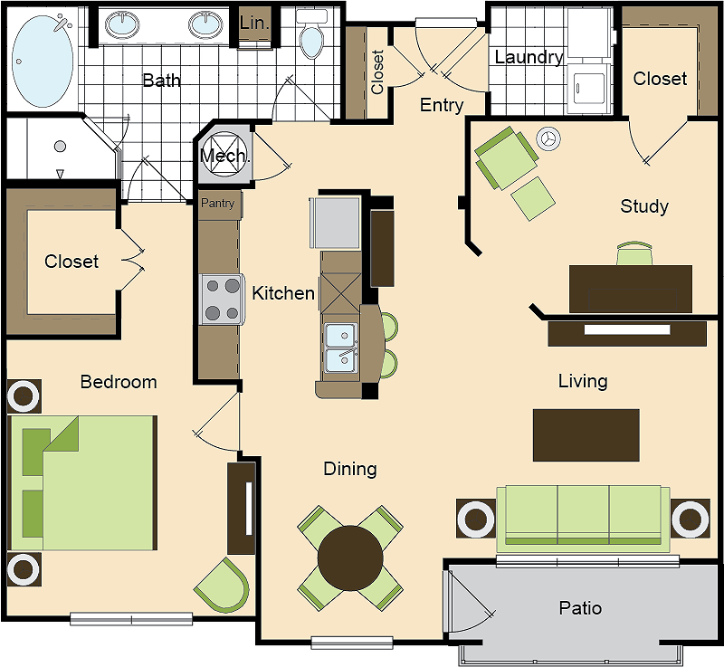 Plànol corresponent a One Bedroom One Bath with Den (1049 SF), que mostra Dormitoris: 1