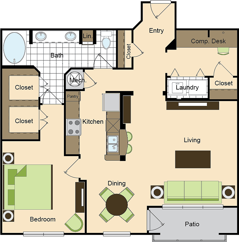 A(z) One Bedroom One Bath (1015 SF) alaprajza (1 hálószoba)