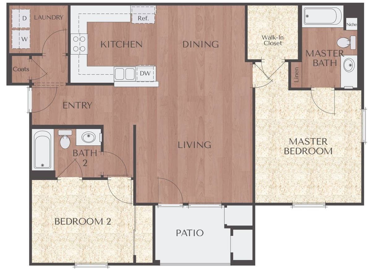 Floorplan diagram for Residence 2B, showing 2 bedroom