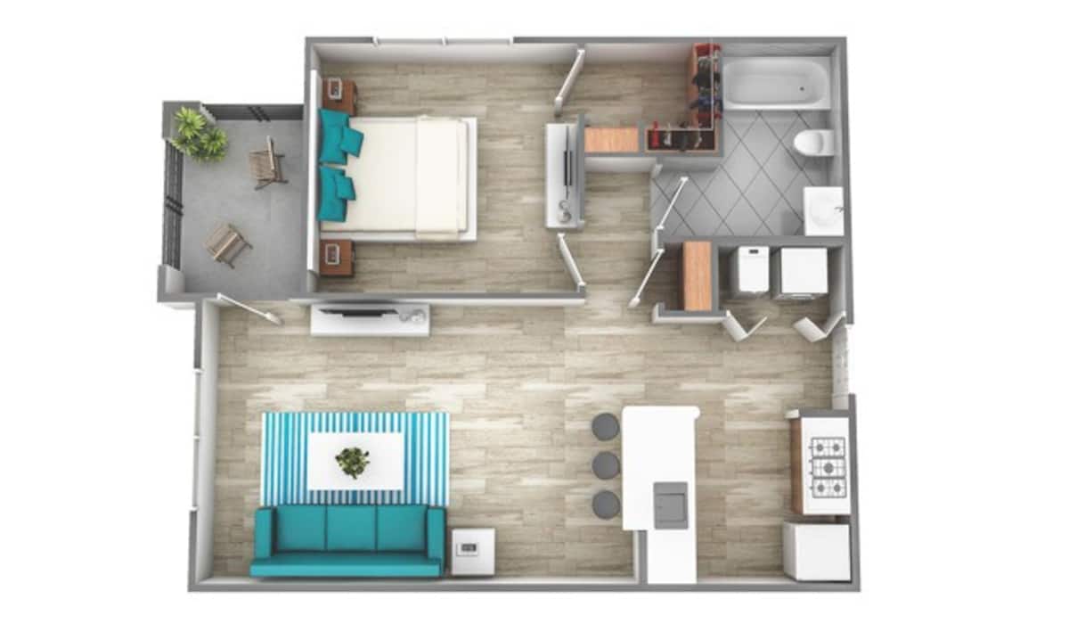 Floorplan diagram for One Bedroom One Bath (633 SF), showing 1 bedroom