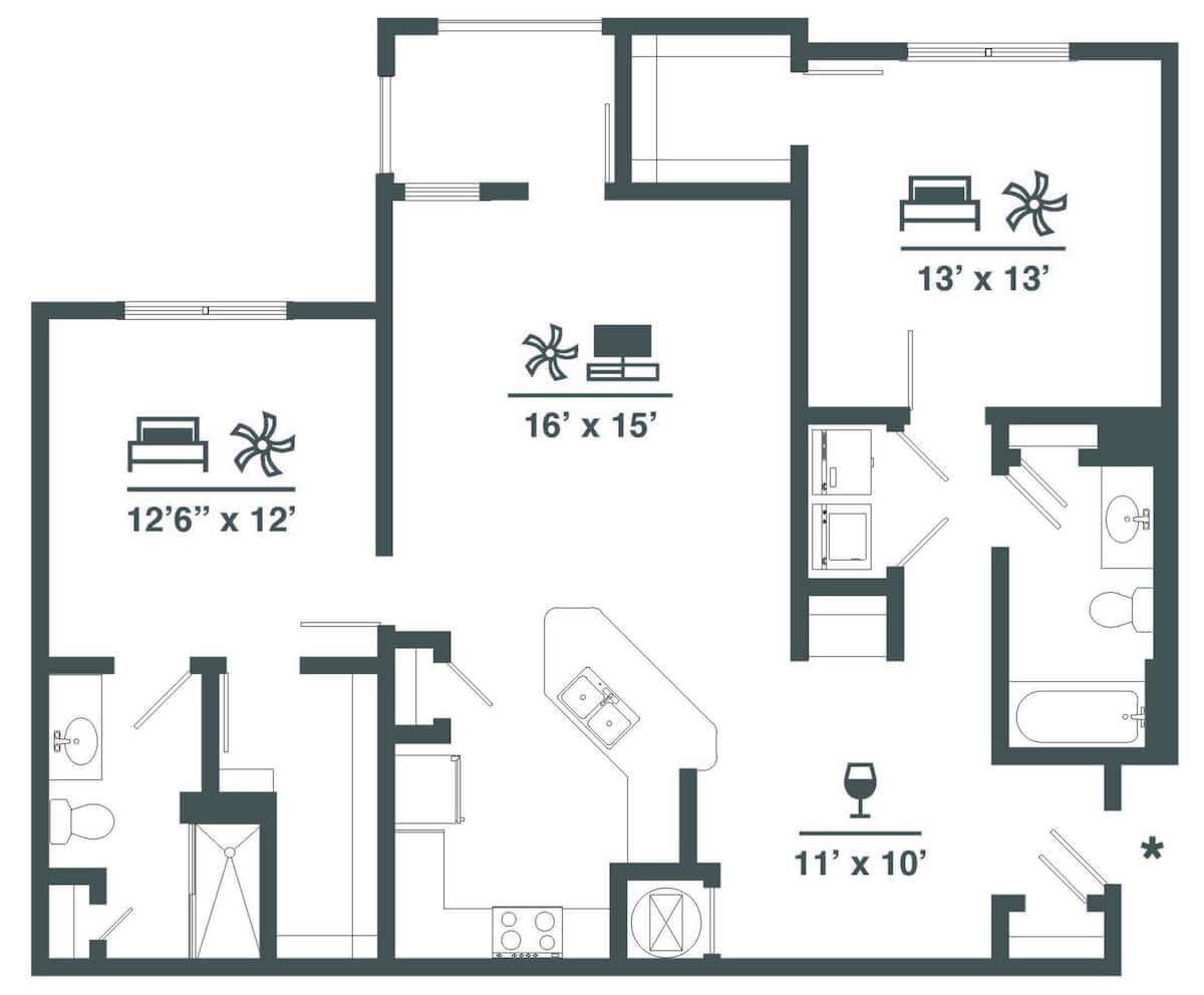Floorplan diagram for B1, showing 2 bedroom