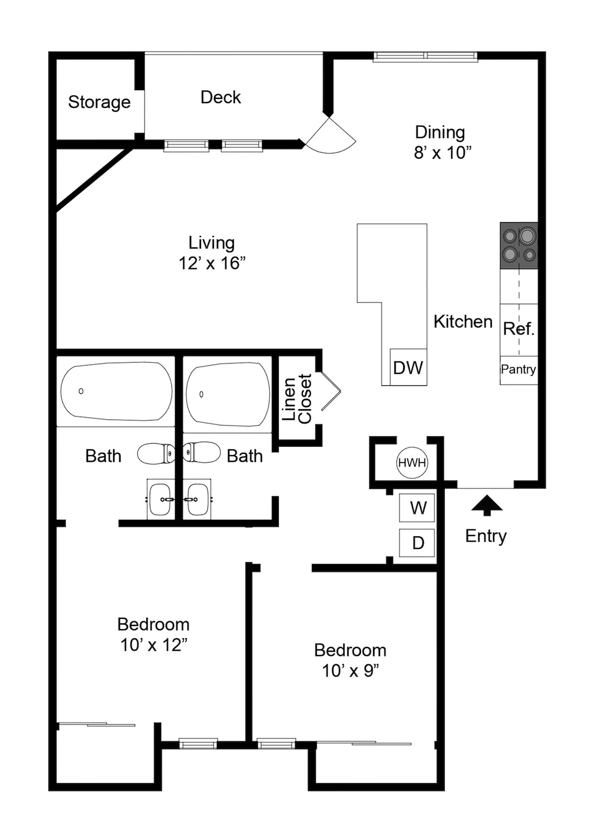 Floorplan diagram for Two Bedroom Two Bath (928 SF), showing 2 bedroom