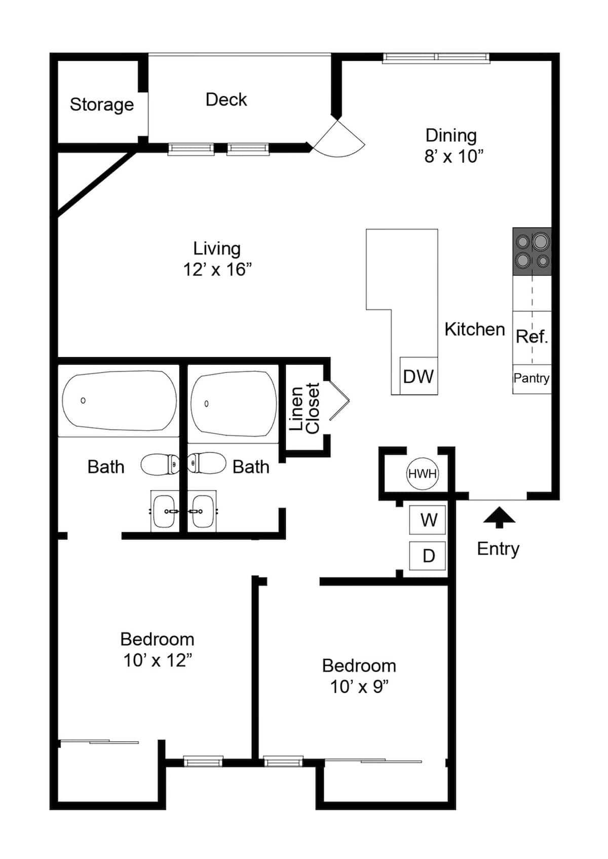 Floorplan diagram for Two Bedroom Two Bath (928 SF), showing 2 bedroom