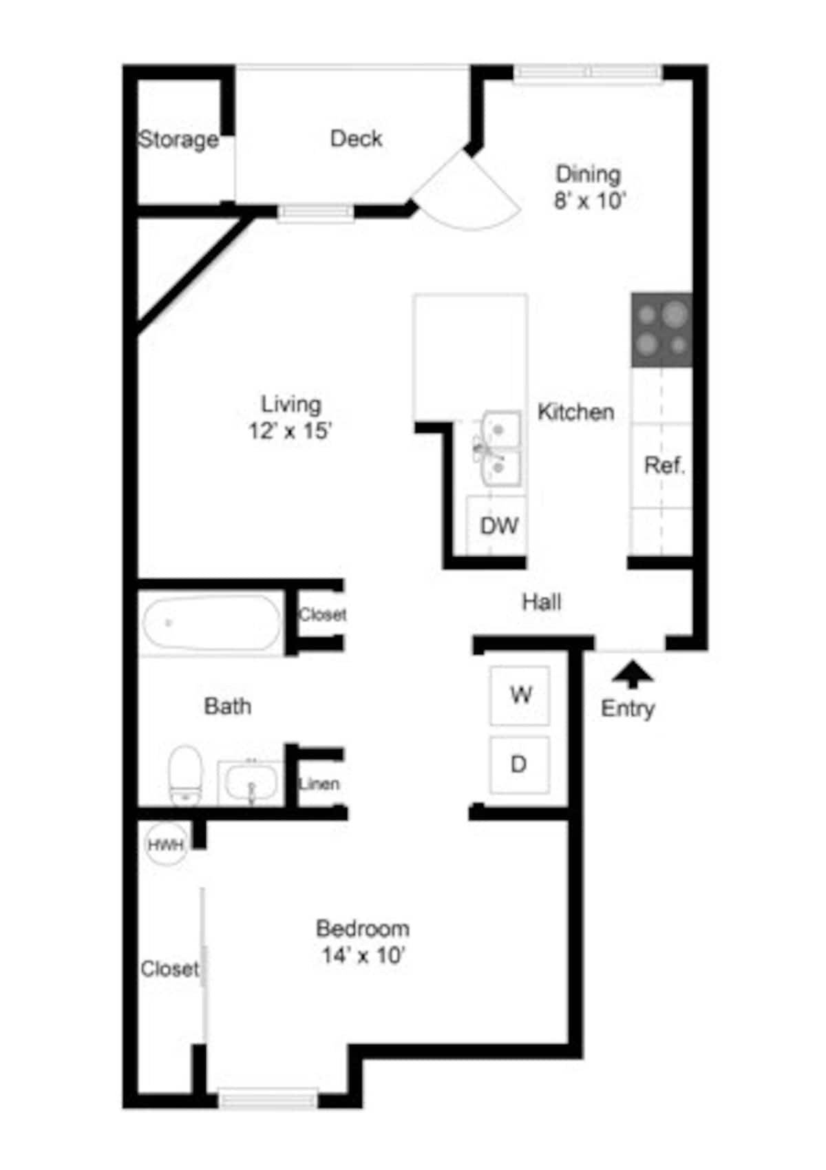 Floorplan diagram for One Bedroom One Bath (729 SF), showing 1 bedroom