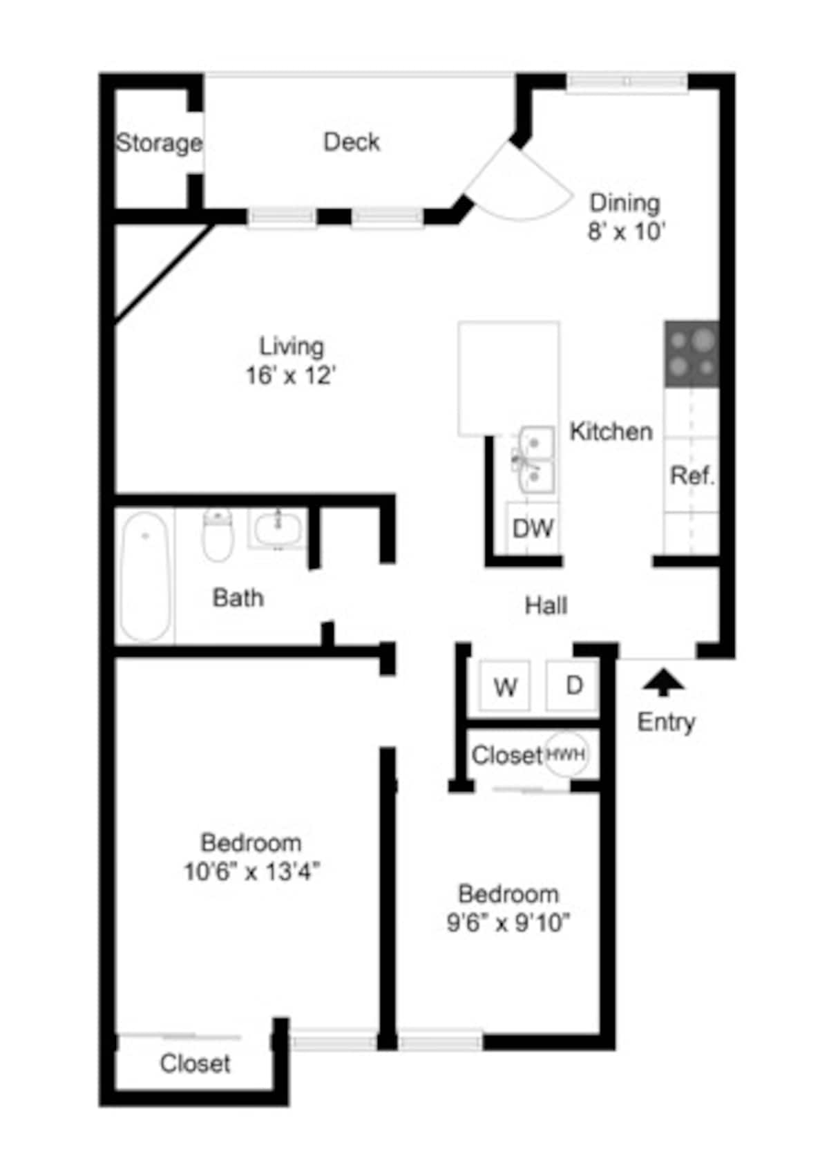 Floorplan diagram for Two Bedroom One Bath (869 SF), showing 2 bedroom