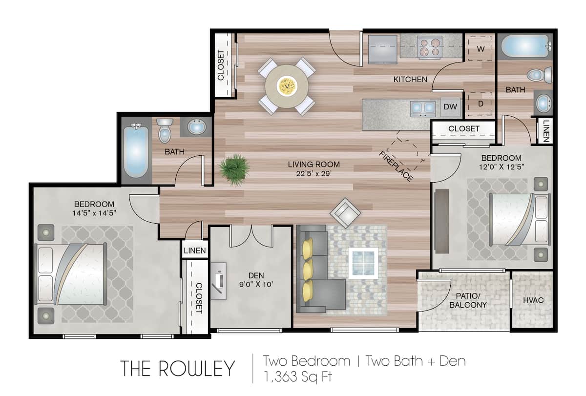 Floorplan diagram for Rowley Garden with Den, showing 2 bedroom