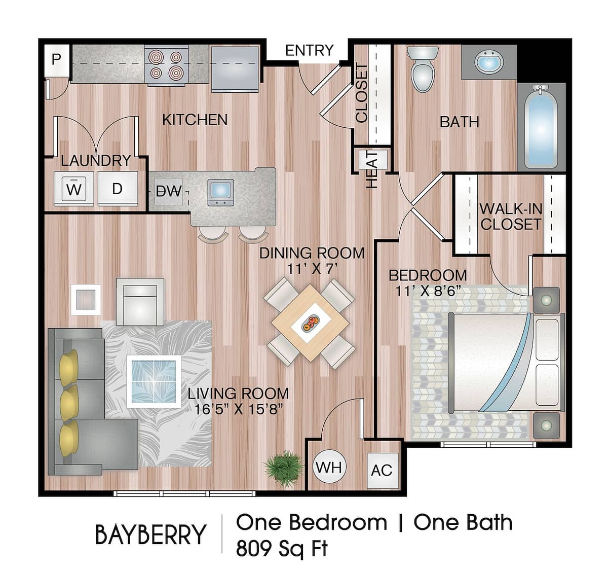 Floorplan diagram for Bayberry, showing 1 bedroom