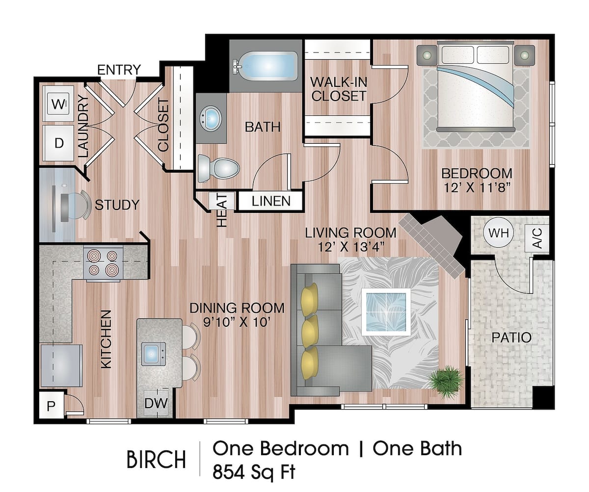Floorplan diagram for Birch, showing 1 bedroom