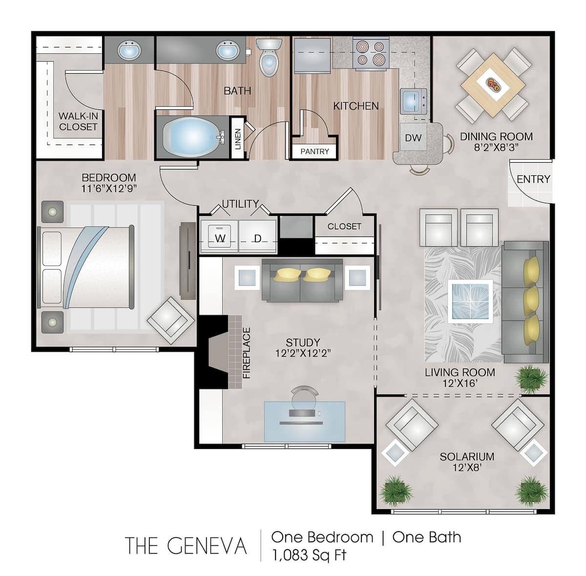 Floorplan diagram for The Geneva, showing 1 bedroom