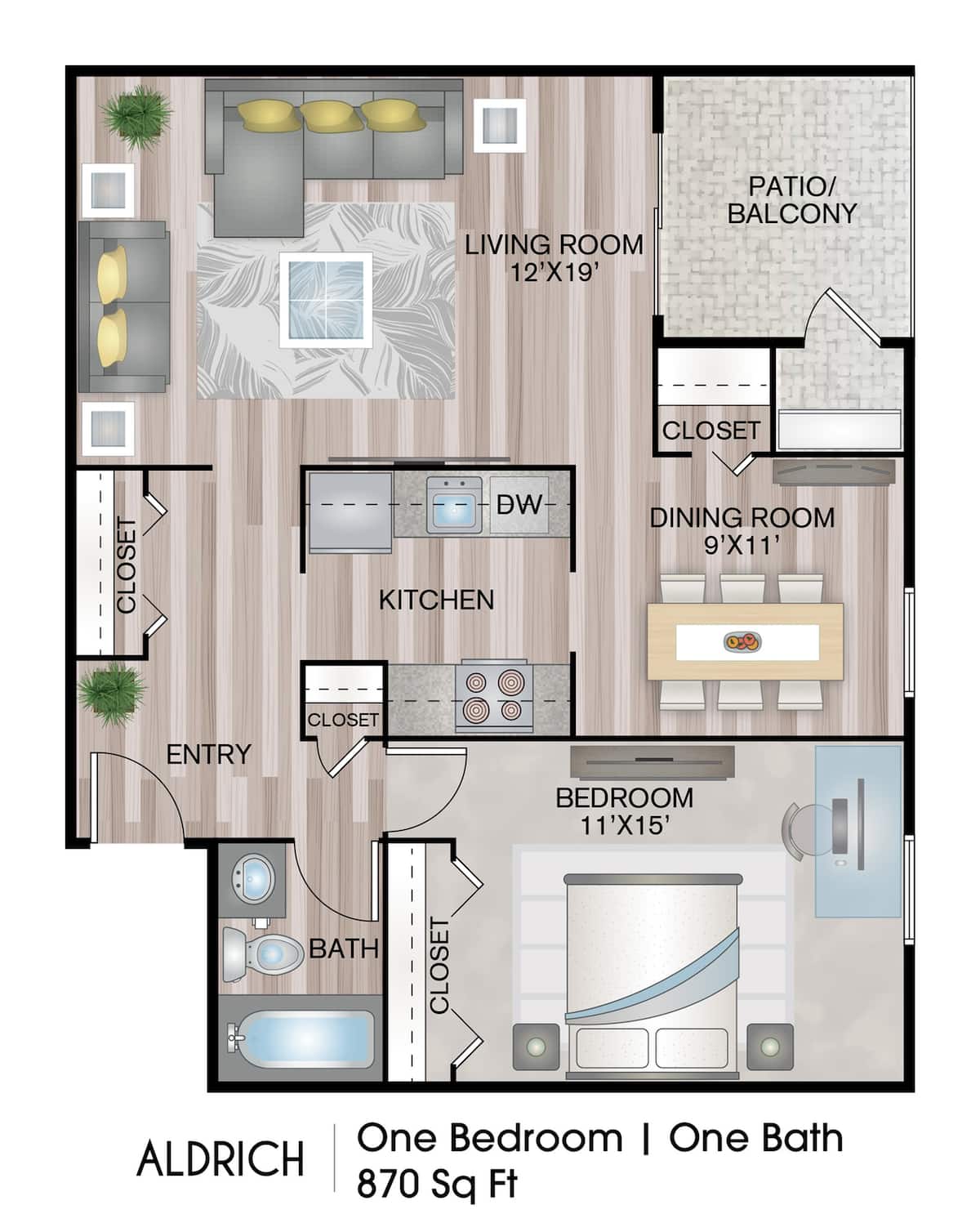 Floorplan diagram for Aldrich, showing 1 bedroom