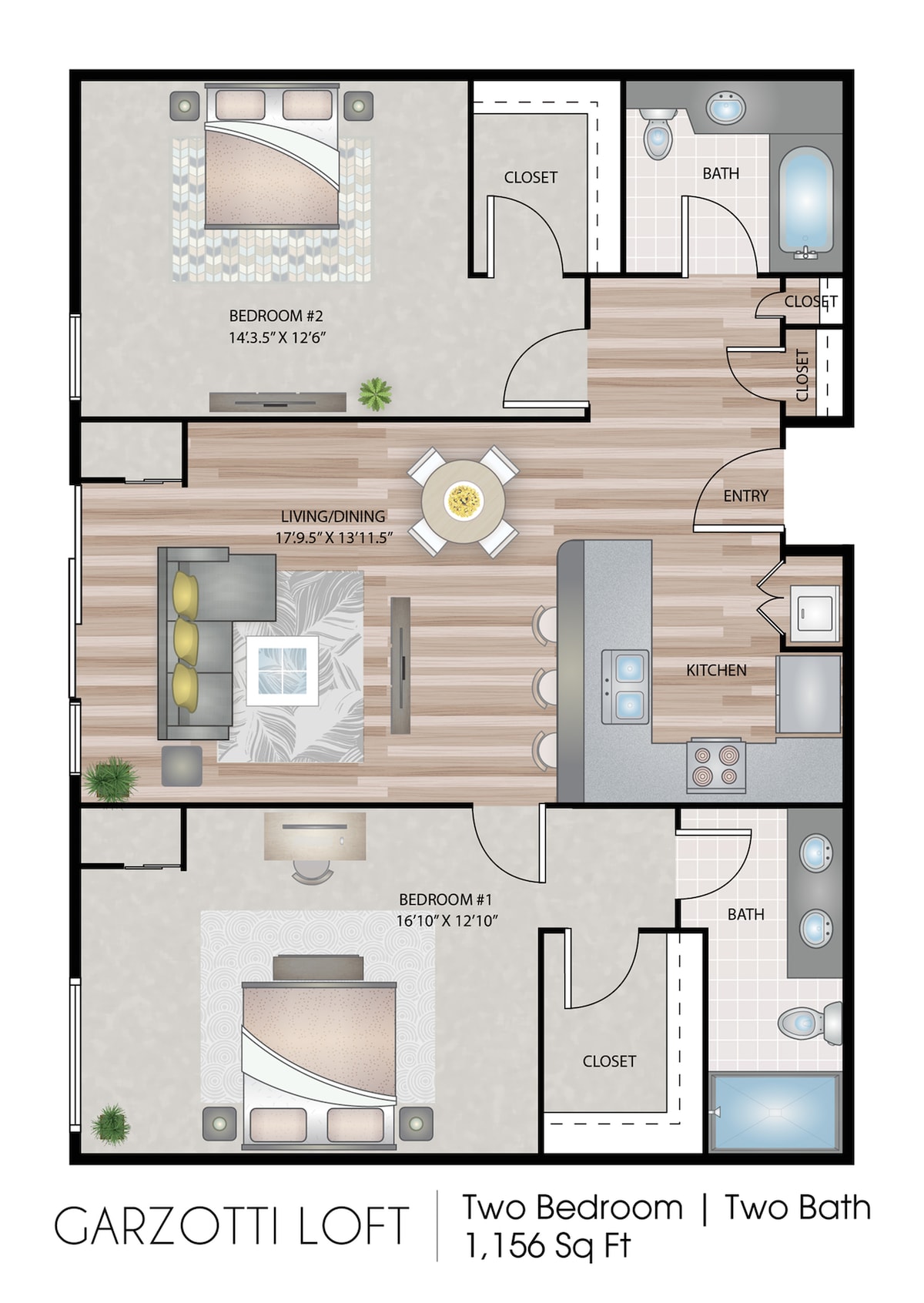 Garzotti Loft üçün mərtəbə planı diaqramı, 2 yataq otağı göstərilir