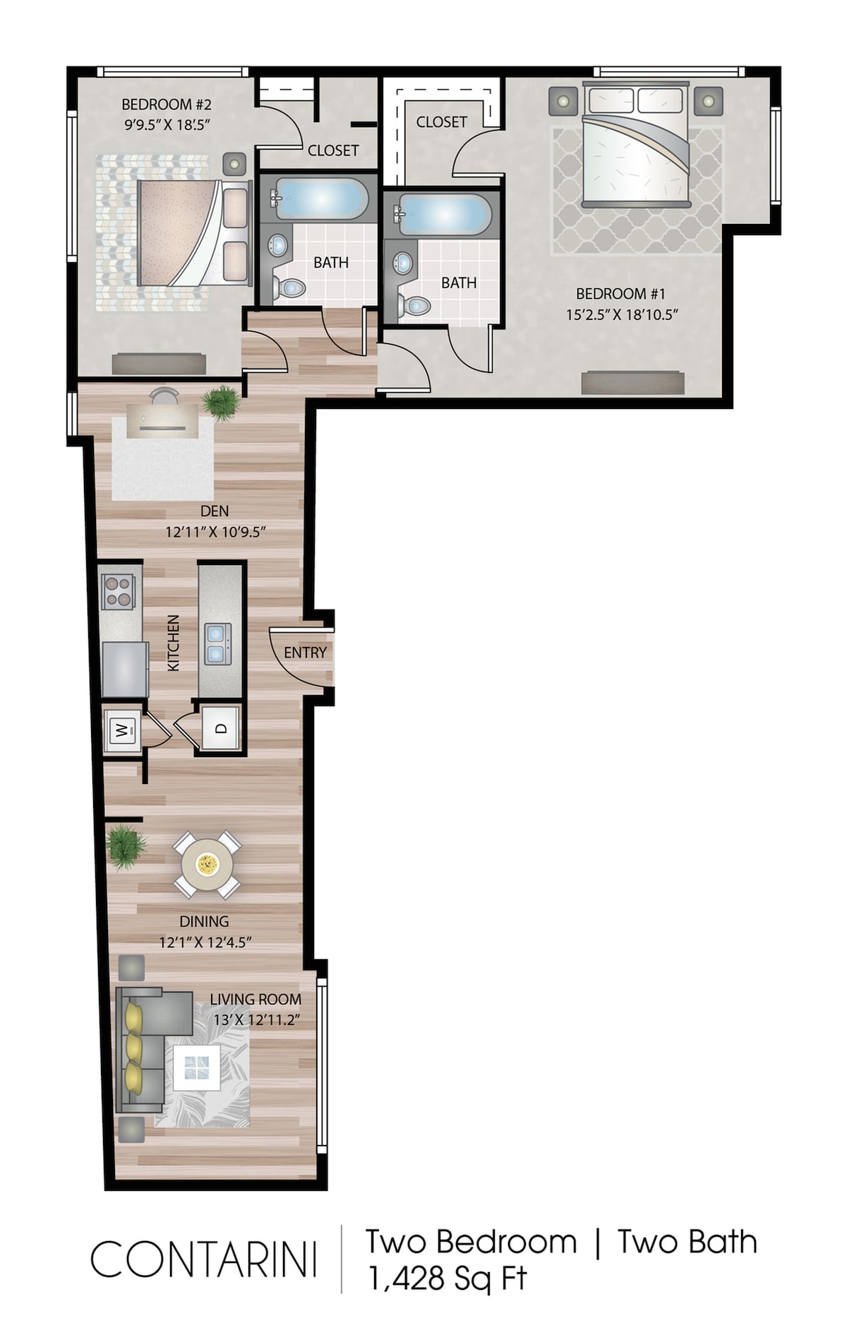 Contarini Loft üçün mərtəbə planı diaqramı, 2 yataq otağı göstərilir