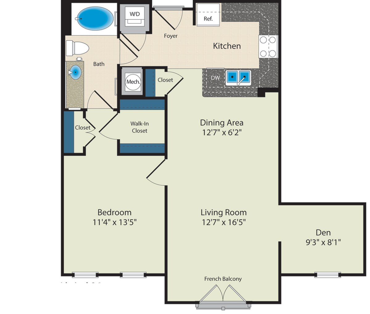 Floorplan diagram for The Roosevelt, showing 1 bedroom