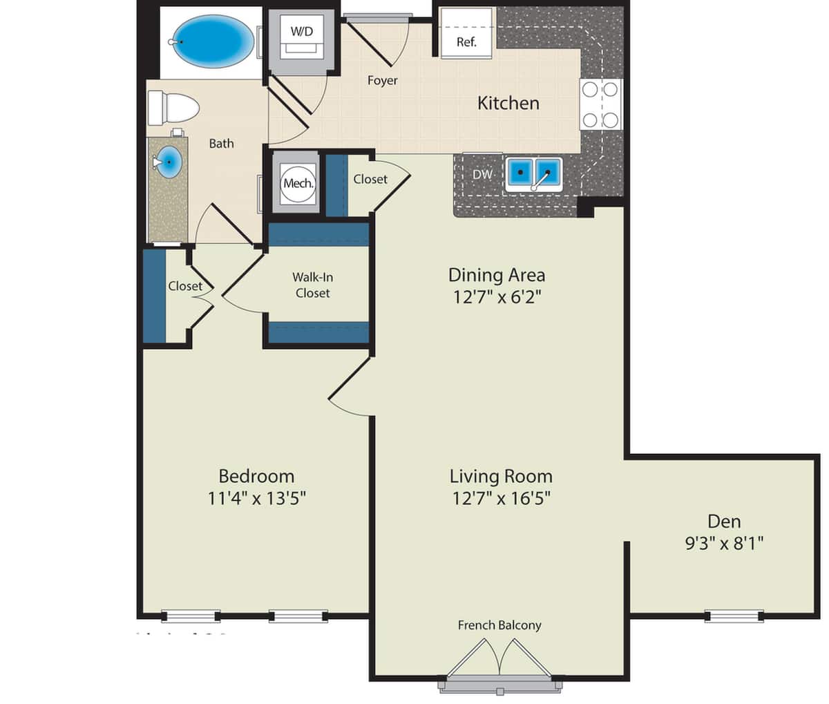 Floorplan diagram for The Roosevelt, showing 1 bedroom