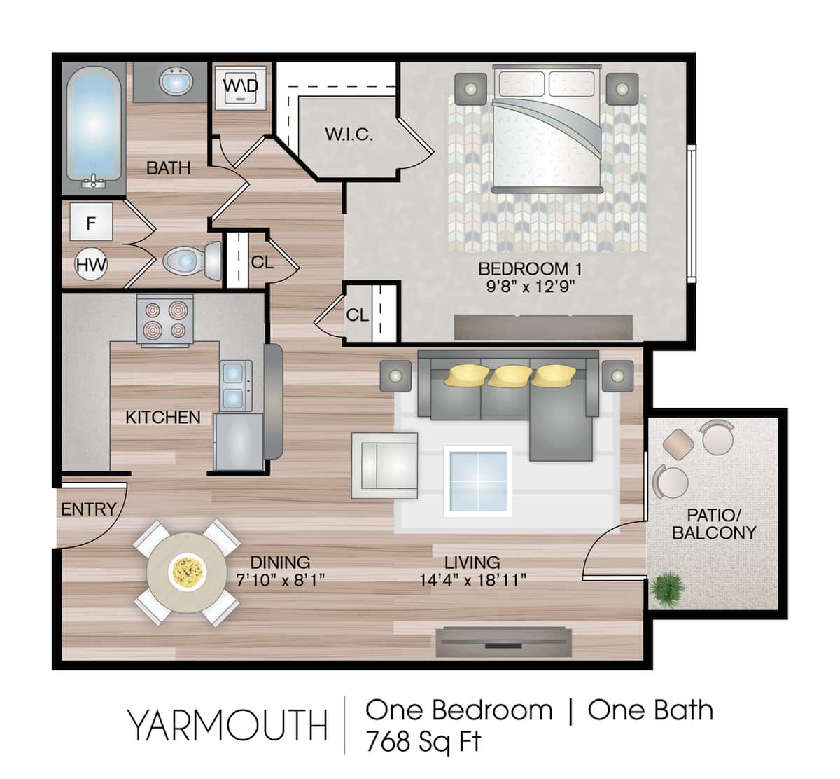 Floorplan diagram for Yarmouth, showing 1 bedroom