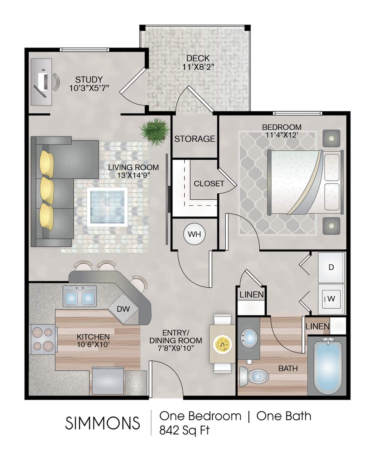 Floorplan diagram for Simmons - One Bedroom - 842 sq ft, showing 1 bedroom